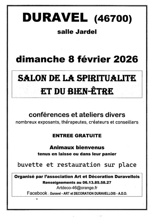 Lire la suite à propos de l’article SALON DE LA SPIRITUALITE ET DU BIEN ÊTRE A DURAVEL  DIMANCHE 8 FEVRIER 2026