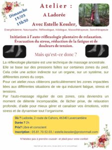 Lire la suite à propos de l’article ATELIER D&rsquo;AUTO-REFLEXOLOGIE PLANTAIRE DE RELAXATION DIMANCHE 15 MARS A LADORE A LAVERCANTIERE DE 15H30 A 17H30