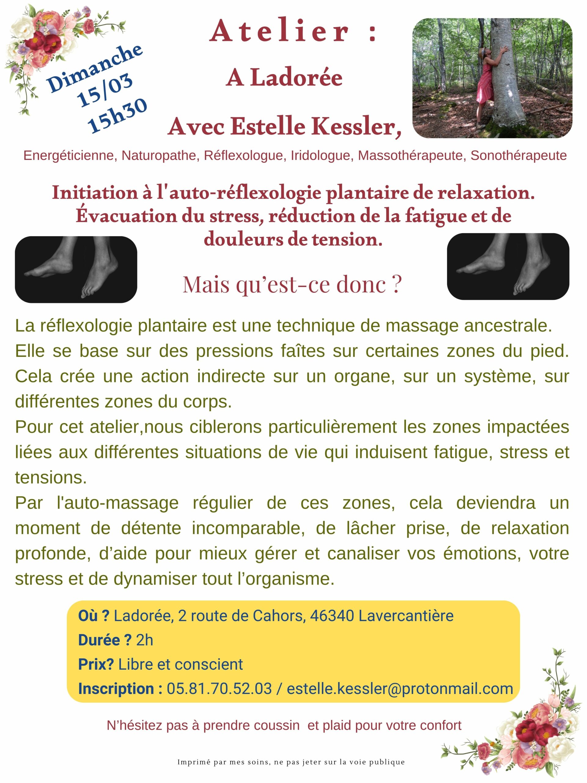 You are currently viewing ATELIER D&rsquo;AUTO-REFLEXOLOGIE PLANTAIRE DE RELAXATION DIMANCHE 15 MARS A LADORE A LAVERCANTIERE DE 15H30 A 17H30