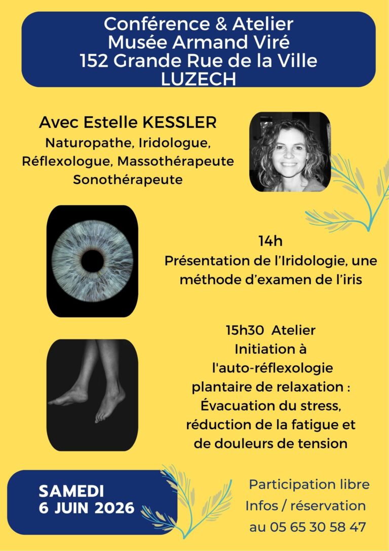 Lire la suite à propos de l’article CONFERENCE SUR L&rsquo;IRIDOLOGIE ET ATELIER D&rsquo;INITIATION A L&rsquo;AUTO-REFLEXOLOGIE PLANTAIRE DE RELAXATION SAMEDI 6 JUIN 2026 A LUZECH